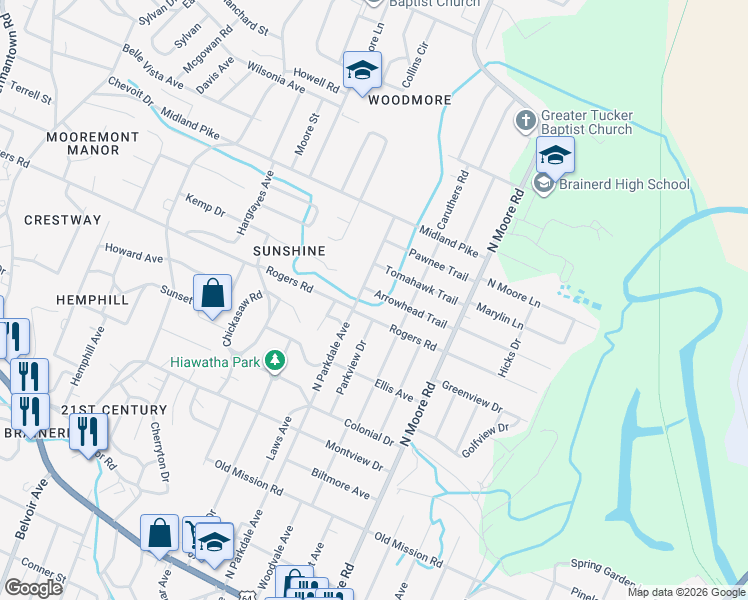 map of restaurants, bars, coffee shops, grocery stores, and more near 4707 Arrowhead Trail in Chattanooga