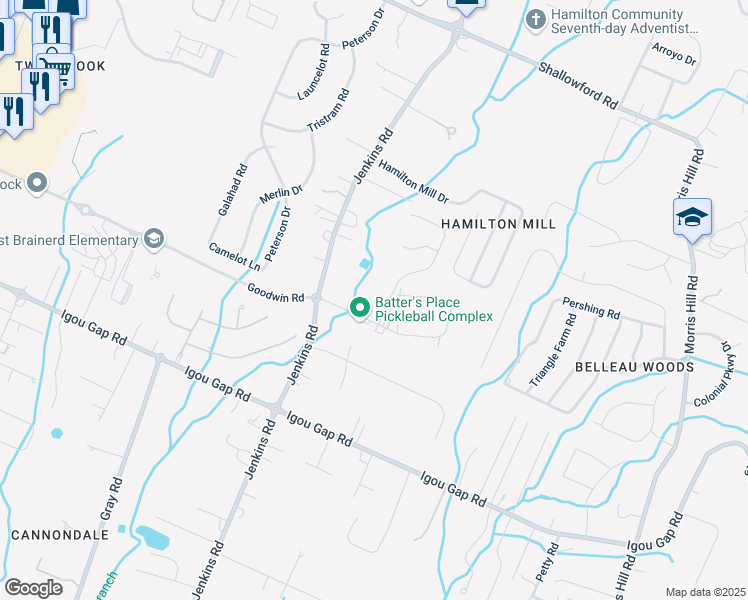map of restaurants, bars, coffee shops, grocery stores, and more near 8005 Batters Place Road in Chattanooga