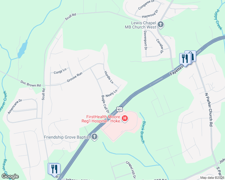 map of restaurants, bars, coffee shops, grocery stores, and more near 111 Neely Lane in Raeford