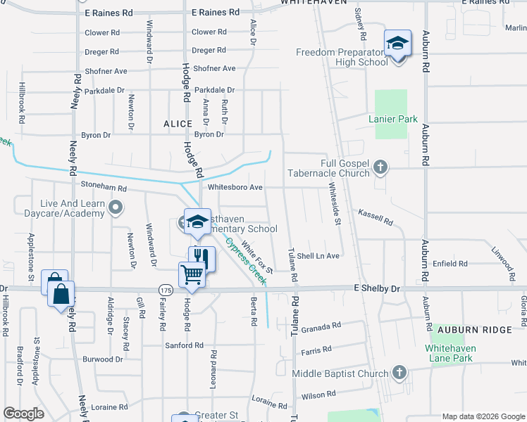 map of restaurants, bars, coffee shops, grocery stores, and more near 4541 Whitepine Street in Memphis