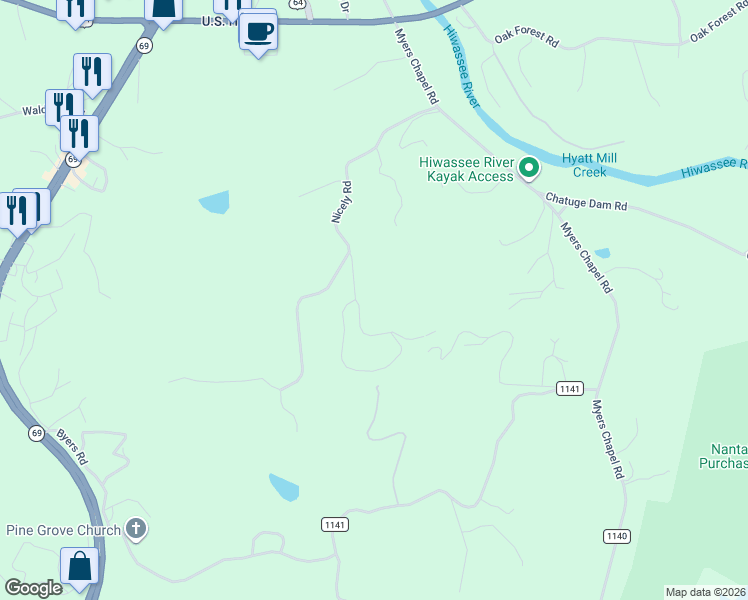 map of restaurants, bars, coffee shops, grocery stores, and more near 161 North View Drive in Hayesville