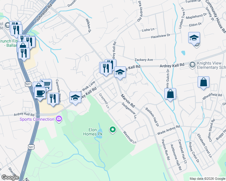 map of restaurants, bars, coffee shops, grocery stores, and more near 16816 Kettlewell Lane in Charlotte
