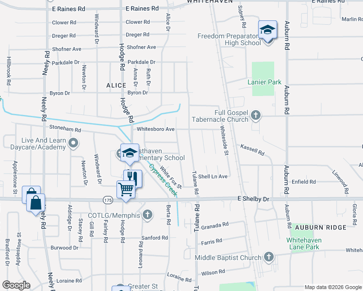 map of restaurants, bars, coffee shops, grocery stores, and more near 4541 Whitepine Street in Memphis