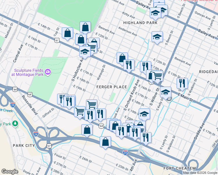 map of restaurants, bars, coffee shops, grocery stores, and more near 201 Morningside Drive in Chattanooga