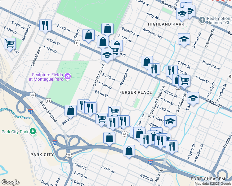 map of restaurants, bars, coffee shops, grocery stores, and more near 1508 East 18th Street in Chattanooga