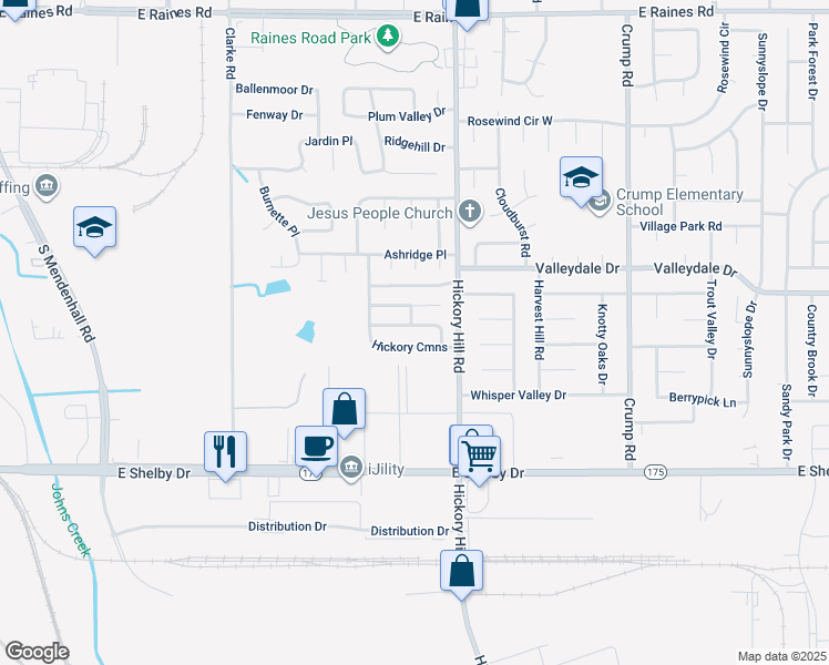 map of restaurants, bars, coffee shops, grocery stores, and more near 5865 Hickory Nutt Lane in Memphis