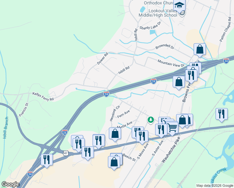 map of restaurants, bars, coffee shops, grocery stores, and more near 3611 Kellys Ferry Road in Chattanooga
