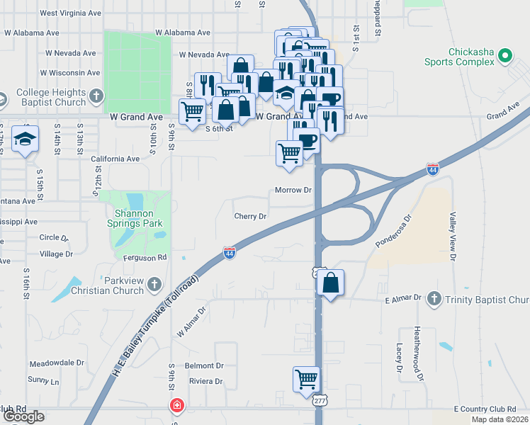 map of restaurants, bars, coffee shops, grocery stores, and more near 1 Cherry Drive in Chickasha