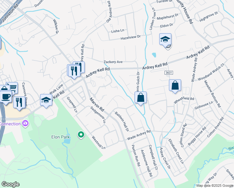 map of restaurants, bars, coffee shops, grocery stores, and more near 10838 Chamberlain Hall Court in Charlotte