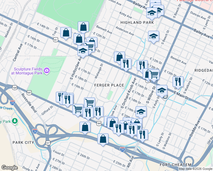 map of restaurants, bars, coffee shops, grocery stores, and more near 201 Morningside Drive in Chattanooga