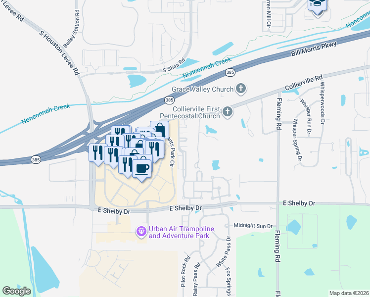 map of restaurants, bars, coffee shops, grocery stores, and more near 4522 Park Ridge Parkway in Collierville