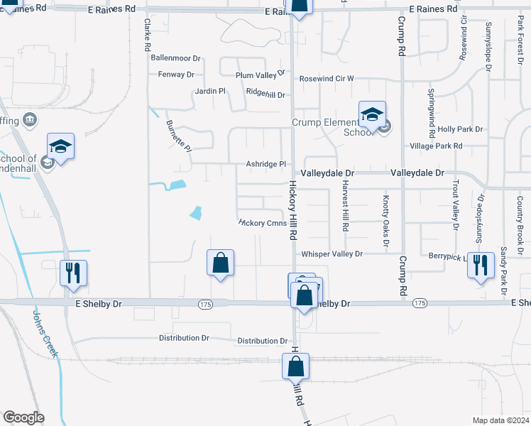 map of restaurants, bars, coffee shops, grocery stores, and more near 5865 Hickory Nutt Lane in Memphis