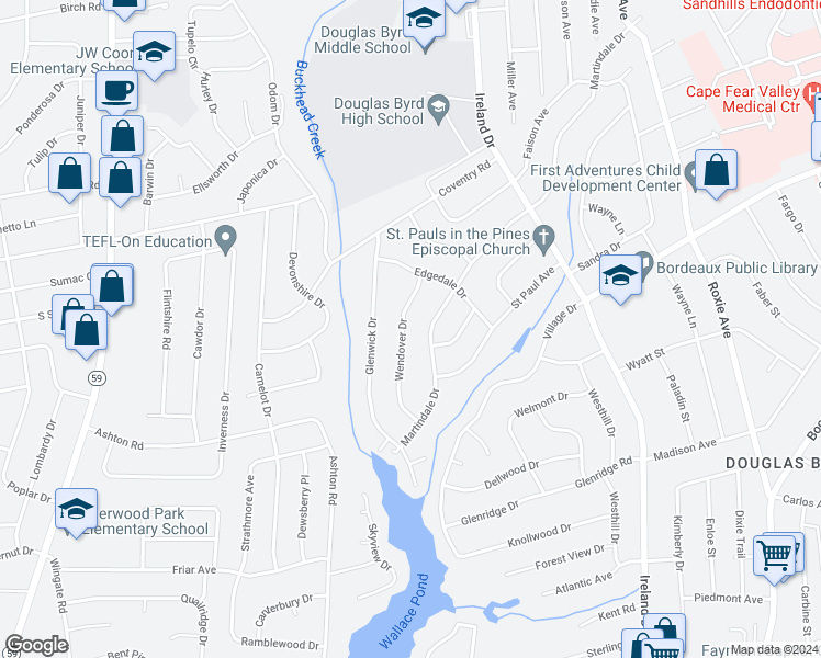 map of restaurants, bars, coffee shops, grocery stores, and more near 1827 Wendover Drive in Fayetteville
