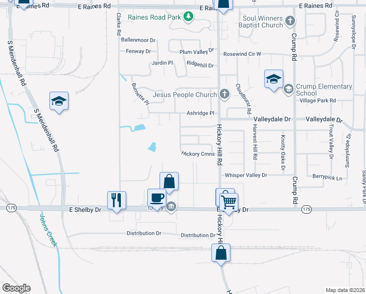 map of restaurants, bars, coffee shops, grocery stores, and more near 5819 Hickory Nutt Lane in Memphis