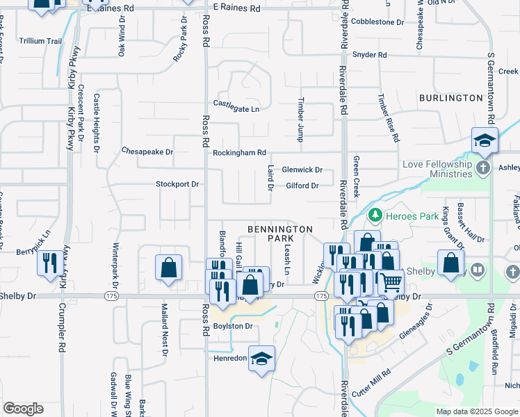 map of restaurants, bars, coffee shops, grocery stores, and more near 6801 Seven Valley Drive in Memphis