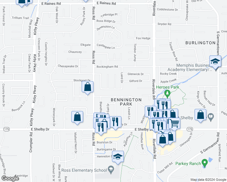 map of restaurants, bars, coffee shops, grocery stores, and more near 6783 Seven Valley Drive in Memphis