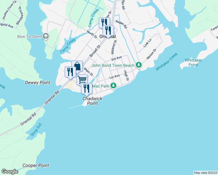 map of restaurants, bars, coffee shops, grocery stores, and more near 200 Neuse Street in Oriental