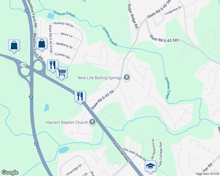 map of restaurants, bars, coffee shops, grocery stores, and more near 271 Old Furnace Road in Boiling Springs