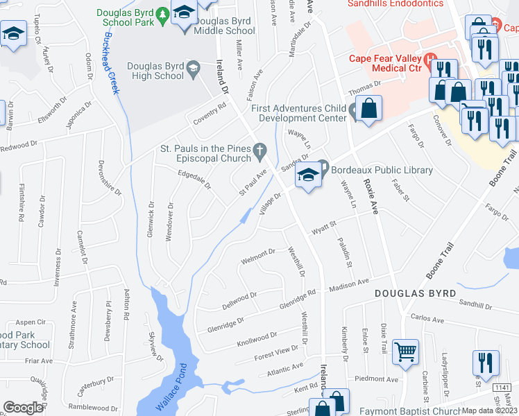 map of restaurants, bars, coffee shops, grocery stores, and more near 3926 Village Drive in Fayetteville