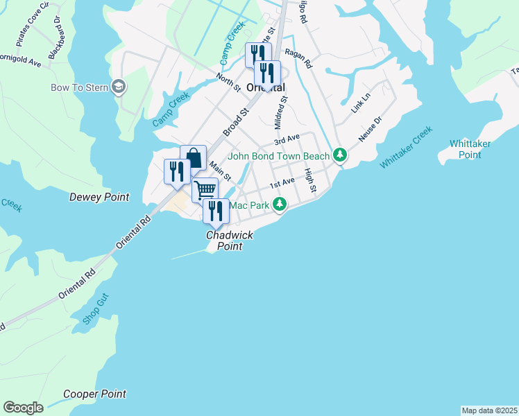 map of restaurants, bars, coffee shops, grocery stores, and more near 203 Neuse Street in Oriental