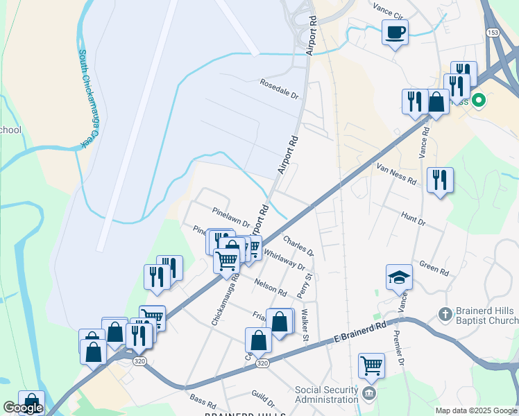 map of restaurants, bars, coffee shops, grocery stores, and more near 513 Airport Road in Chattanooga