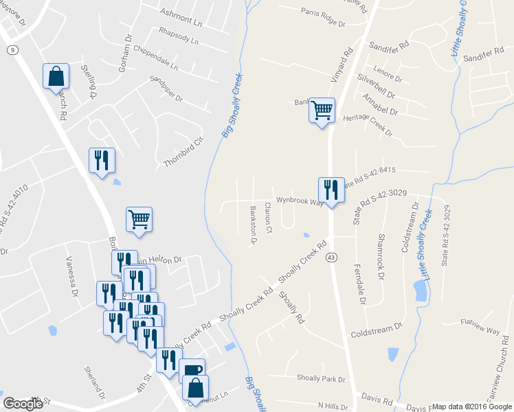 map of restaurants, bars, coffee shops, grocery stores, and more near 604 Clarion Court in Boiling Springs