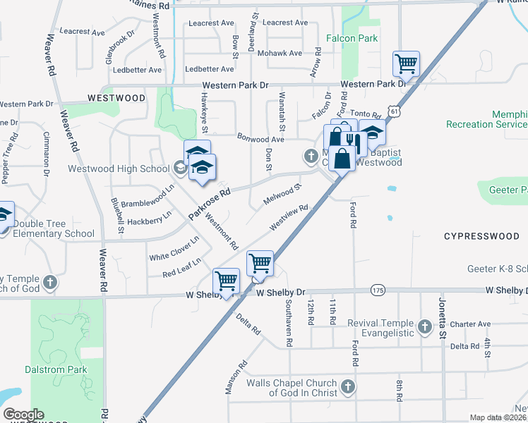 map of restaurants, bars, coffee shops, grocery stores, and more near 4540 Melwood Street in Memphis