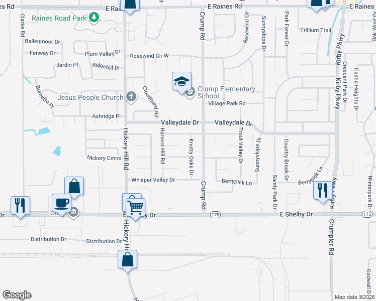 map of restaurants, bars, coffee shops, grocery stores, and more near 4524 Knotty Oaks Drive in Memphis