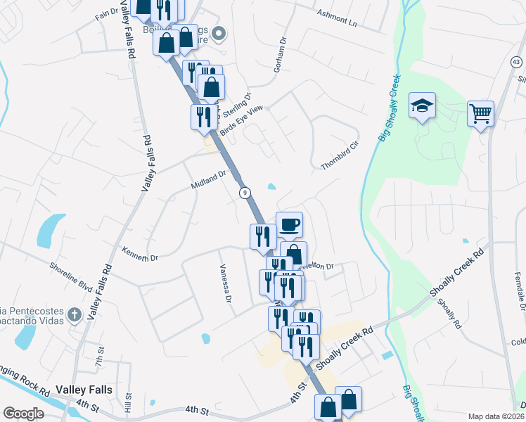 map of restaurants, bars, coffee shops, grocery stores, and more near 2212 Boiling Springs Road in Boiling Springs