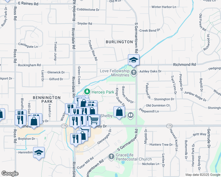map of restaurants, bars, coffee shops, grocery stores, and more near 7112 Wetherburn Cove in Memphis