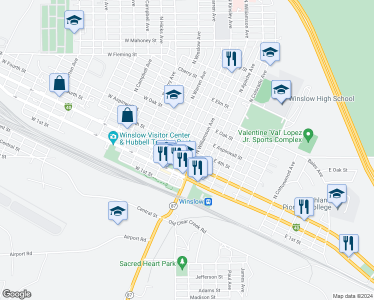 map of restaurants, bars, coffee shops, grocery stores, and more near 322 North Kinsley Avenue in Winslow