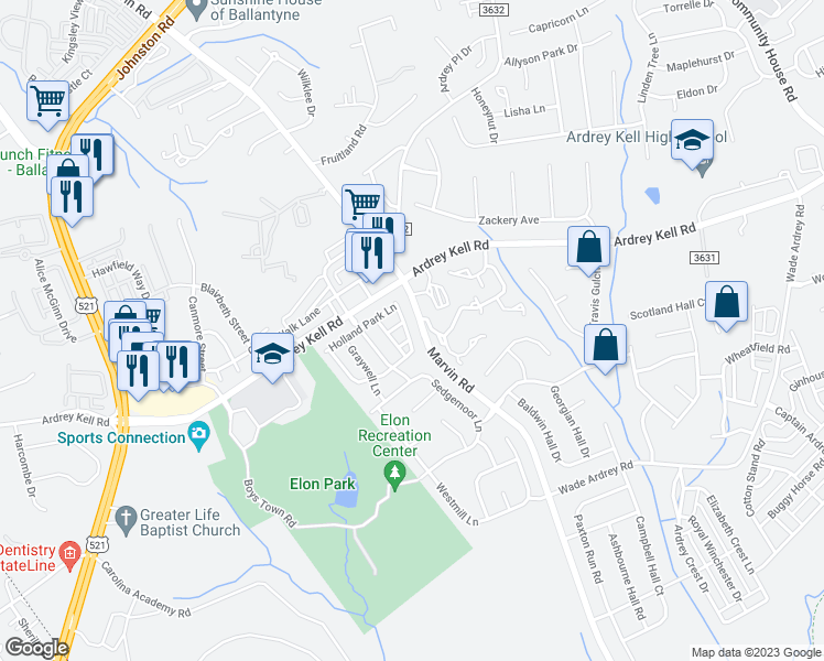 map of restaurants, bars, coffee shops, grocery stores, and more near 16812 Kettlewell Lane in Charlotte