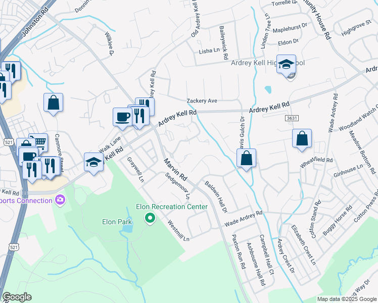 map of restaurants, bars, coffee shops, grocery stores, and more near 17059 Commons Creek Drive in Charlotte