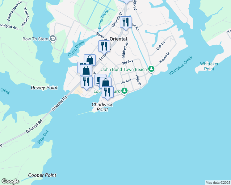 map of restaurants, bars, coffee shops, grocery stores, and more near 203 Neuse Street in Oriental