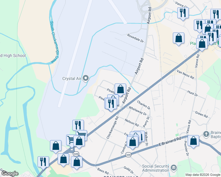 map of restaurants, bars, coffee shops, grocery stores, and more near 5919 Pinelawn Drive in Chattanooga