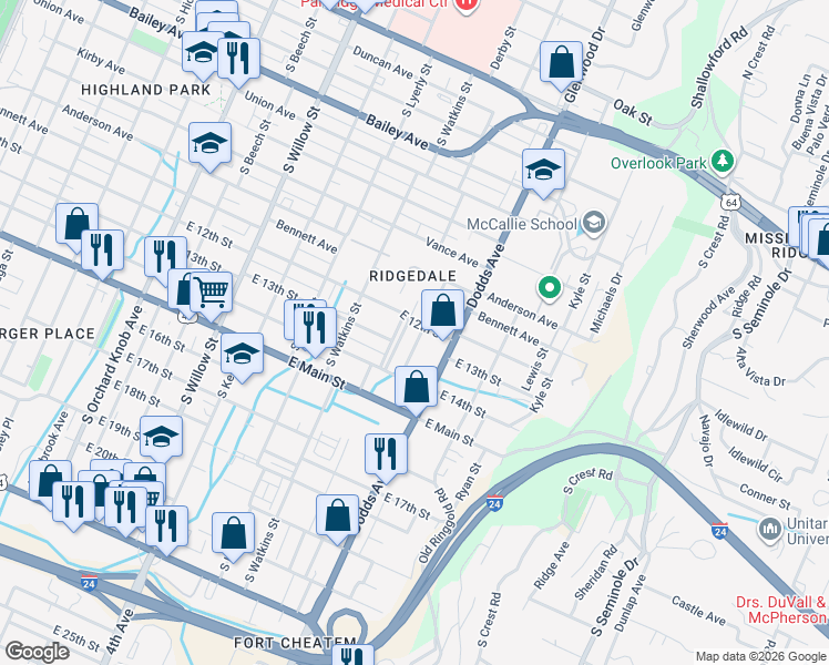 map of restaurants, bars, coffee shops, grocery stores, and more near 2501 East 12th Street in Chattanooga