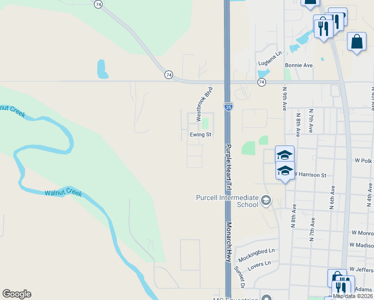 map of restaurants, bars, coffee shops, grocery stores, and more near 1089 North Blue Ridge Drive in Purcell