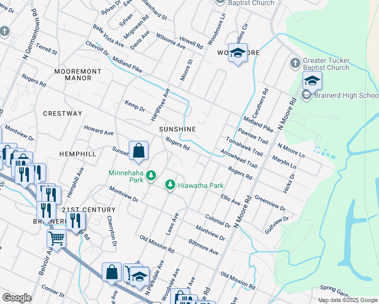 map of restaurants, bars, coffee shops, grocery stores, and more near 4512a Rogers Road in Chattanooga