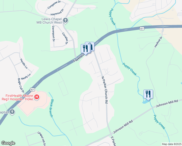 map of restaurants, bars, coffee shops, grocery stores, and more near 110 Cookshire Drive in Raeford