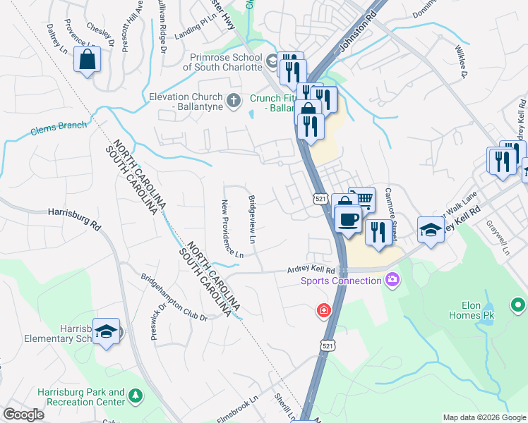 map of restaurants, bars, coffee shops, grocery stores, and more near 16704 Bridgemount Avenue in Charlotte