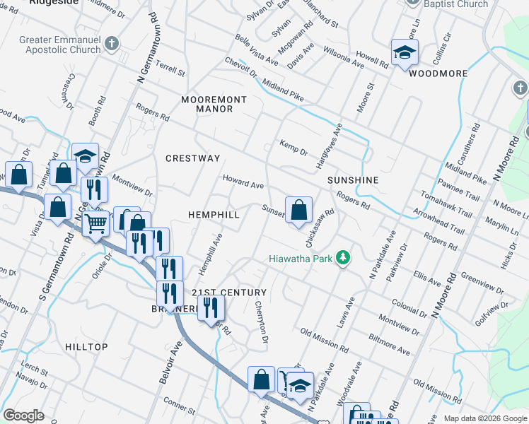 map of restaurants, bars, coffee shops, grocery stores, and more near 324 Talley Road in Chattanooga
