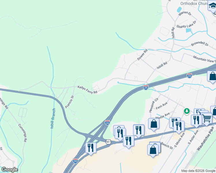 map of restaurants, bars, coffee shops, grocery stores, and more near 3830 Kellys Ferry Road in Chattanooga