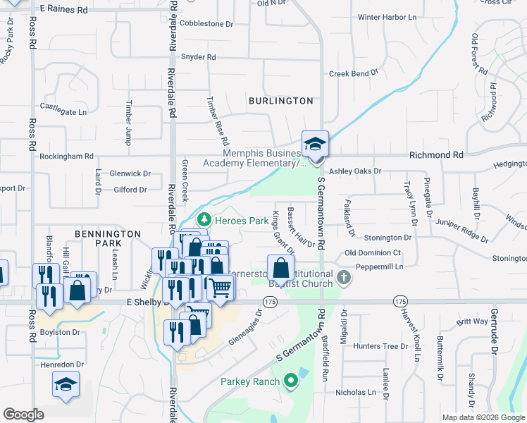 map of restaurants, bars, coffee shops, grocery stores, and more near 7112 Wetherburn Cove in Memphis