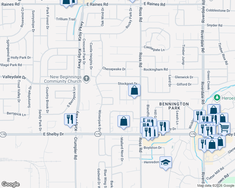 map of restaurants, bars, coffee shops, grocery stores, and more near 4522 Misty Moor Lane in Memphis