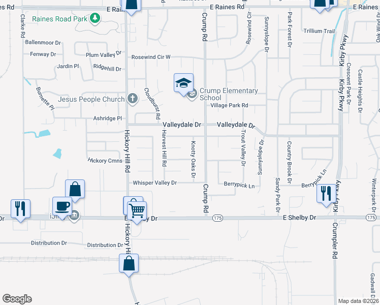 map of restaurants, bars, coffee shops, grocery stores, and more near 4524 Knotty Oaks Drive in Memphis