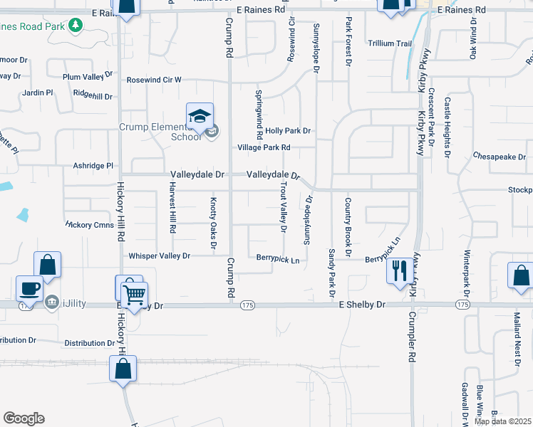 map of restaurants, bars, coffee shops, grocery stores, and more near 6175 Trout Valley Cove in Memphis