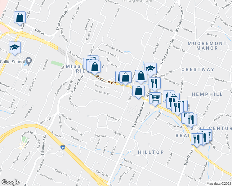map of restaurants, bars, coffee shops, grocery stores, and more near 33 Bellflower Circle in Chattanooga
