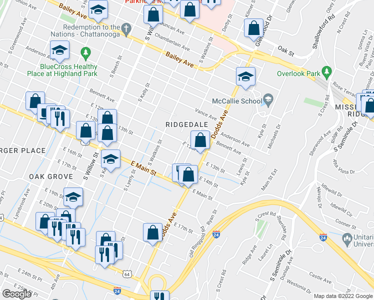 map of restaurants, bars, coffee shops, grocery stores, and more near 1203 Peachtree Street in Chattanooga