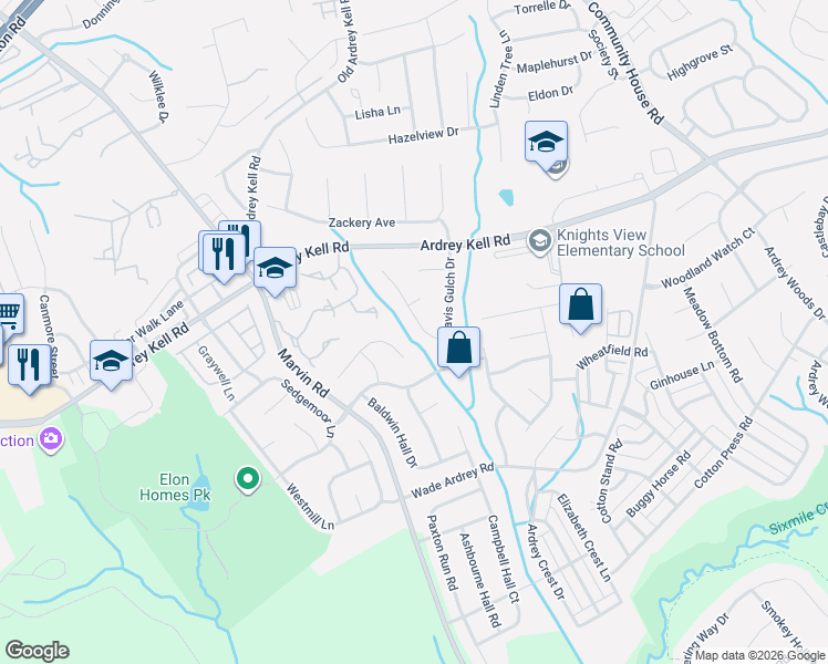 map of restaurants, bars, coffee shops, grocery stores, and more near 17216 Cambridge Woods Court in Charlotte