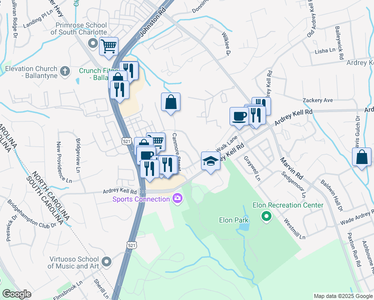 map of restaurants, bars, coffee shops, grocery stores, and more near 16852 Dunaverty Place in Charlotte